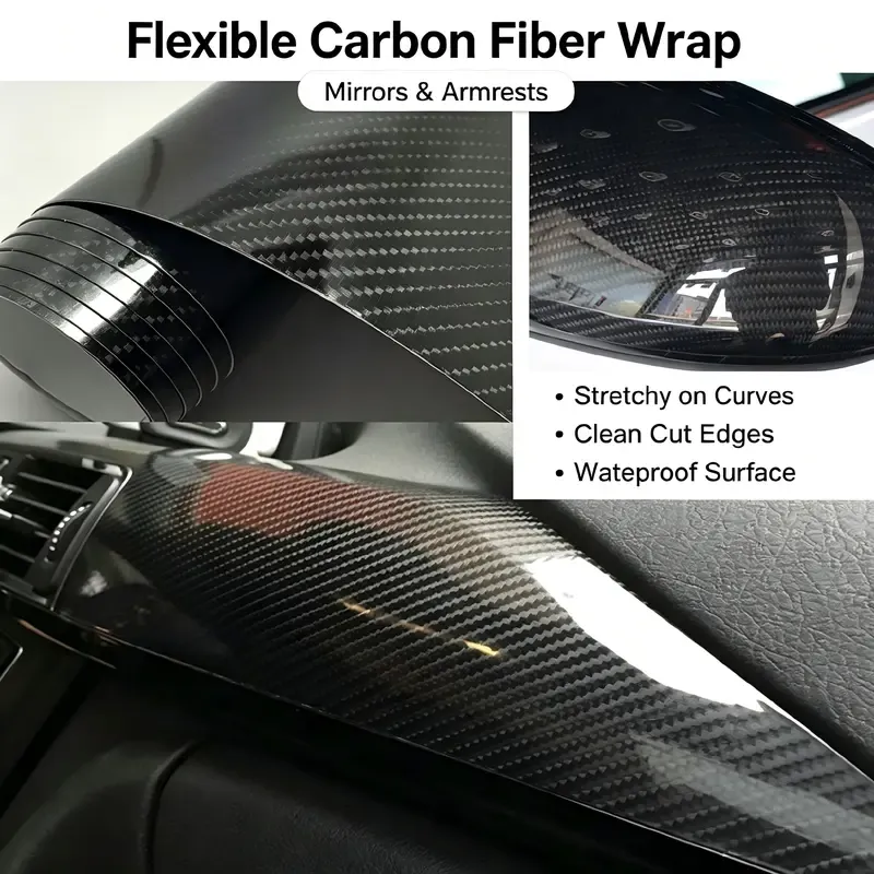 6D Gloss Carbon Fiber Vinyl Wrap Film, Self-Adhesive Car Interior Exterior Trim Decal with Air Release Channels, Waterproof Fade-Resistant Auto Sticker for Dashboard Door Mirror