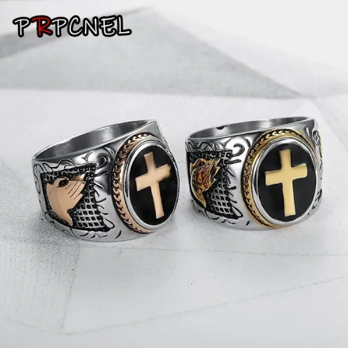 Hot sale Men's rose gold color   Steel Christian Holy Cross Ring Hand of God