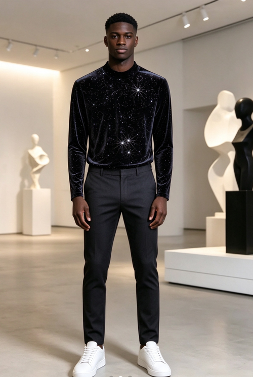 Men Black Star Glitter Mock Long Sleeve Top