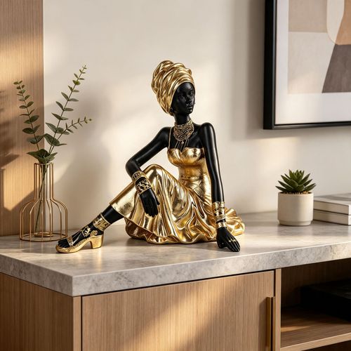 Elegant Black Woman Figurine, Golden Dress & Turban, African Art Decor, Home & Office Ornament, Luxury Gift