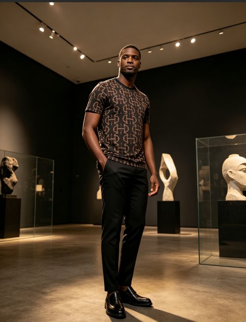 Men Breathable Ice Silk  Black‑Brown Geometric Print T‑Shirt