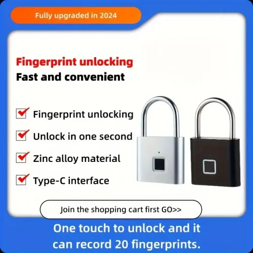 Fingerprint Lock Keyless USB-C Charging Smart Padlock Waterproof Door Lock