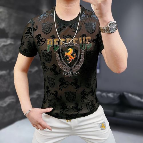 Men's Short-Sleeve Crew-Neck T-Shirt with Warhorse Motif, Iridescent Crystals, and Flocked Jacquard Detail