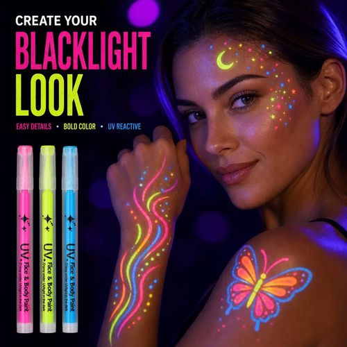 12 Colors Glow Face Paint Markers Black Light Reactive Non-Toxic UV Neon Face Paint Water-Based Easy Wash Off Washable Makeup