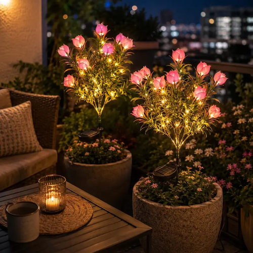 Outdoor Gardenia Accent Lamp, Solar LED Branches with Pink Buds for Garden Borders and Walkways