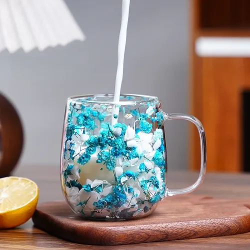 Transparent Double Glass Flower Tea Cup