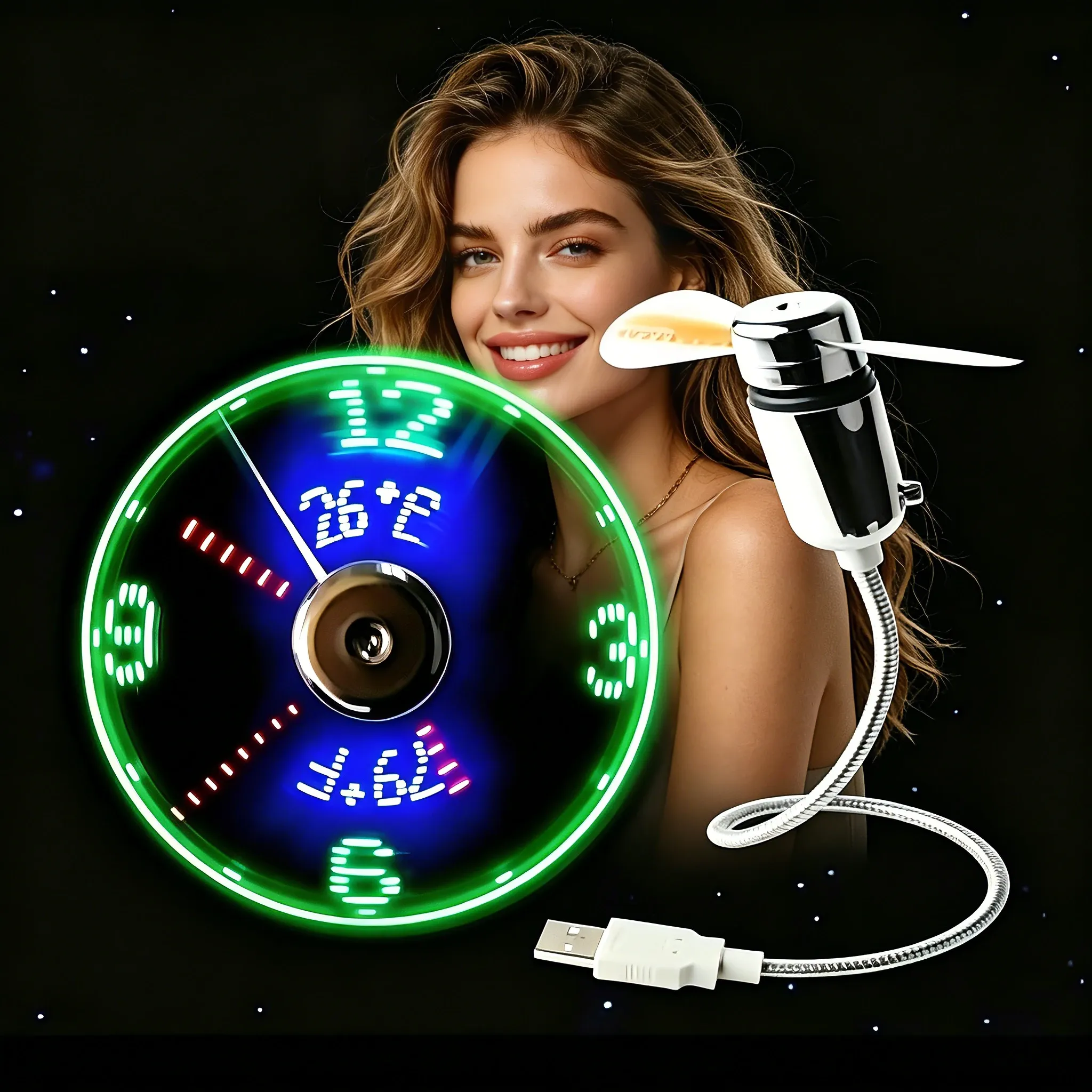 Clock Fan RGB LED Night Light Real Time Temperature Display 5V USB Portable Hand Fan Metal Mini Fan for PC Laptop Desktop Cooler