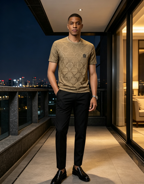 Men Luxury Khaki Jacquard T‑Shirt | Tiger Badge