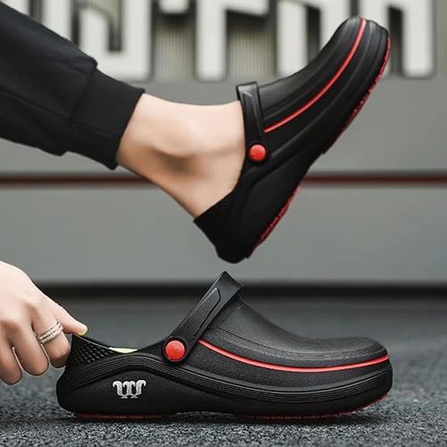 Waterproof and oil-resistant safety shoes with cushioned soles.