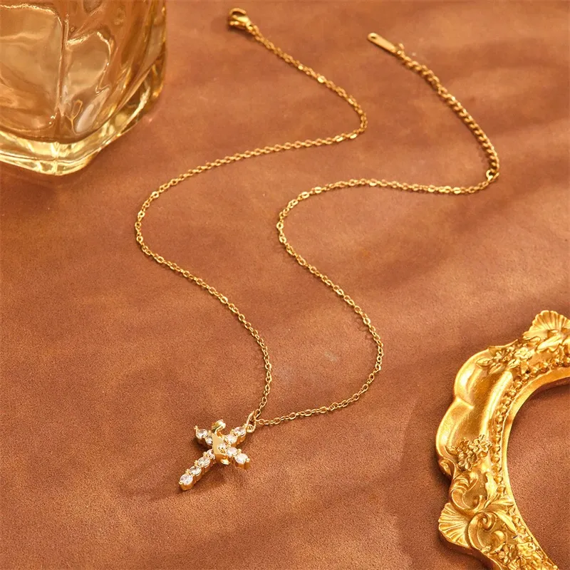 3PCS Delicate Rotatable Crown Zircon Cross Pendant Necklace for Women Stainless Steel Chain Birthstone Necklace Jewelry Birthday Gift
