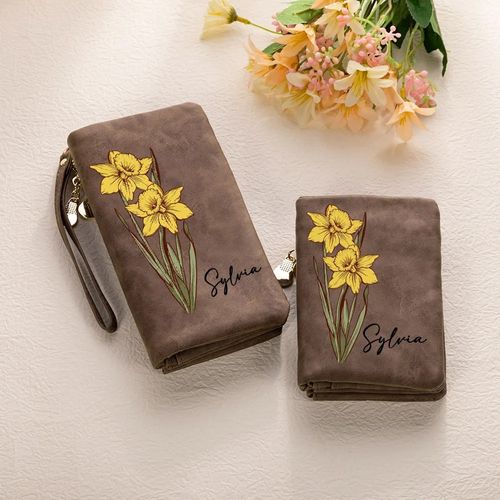 Custom Name Watercolor Birth Flower Tri-Fold Wristlet Wallet, Leather Card Holder with Wrist Strap