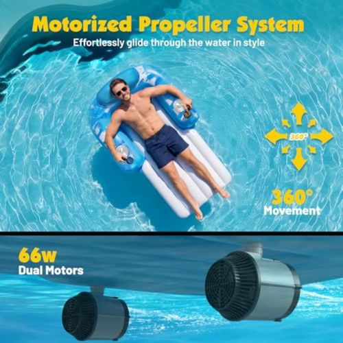 Inflatable Motorized Pool Float for Adults - Rechargeable Electric Water Lounger with Dual Motors and 2 Storage Compartments Su