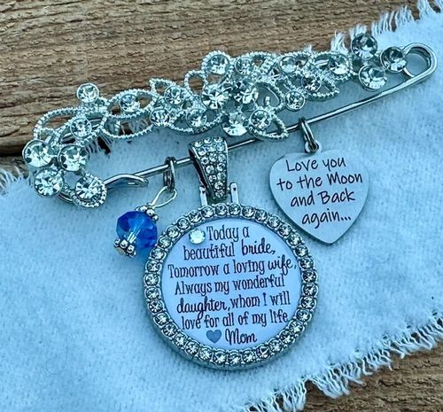 Custom Bridal Bouquet Charm with Name and Date, Today a Bride Something Blue Pin