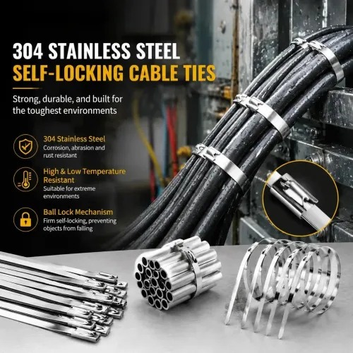 100pcs 304 Stainless Steel Cable Ties Heavy Duty Metal Zip Ties Self Locking Marine Grade High Tensile Strength Exhaust Wrap Straps for Outdoor Auto Wire Fence Pipe Shield