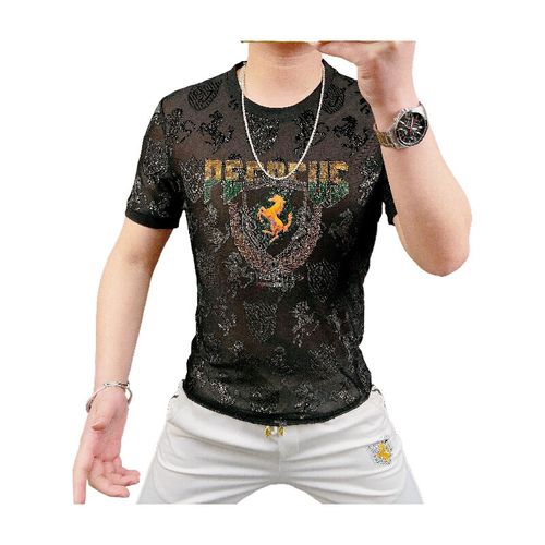 Men's Short-Sleeve Crew-Neck T-Shirt with Warhorse Motif, Iridescent Crystals, and Flocked Jacquard Detail