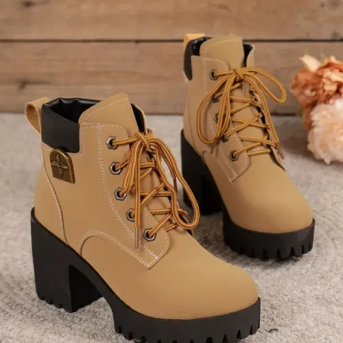 Women Retro Round Toe Chunky Heels Ankle Boots Autumn New High Heels
