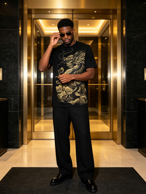 Black Gold Dragon Tengyun Pattern Oriental Luxury T-shirt