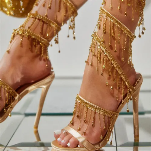 Elegant Women Wedding Banquet Shoes Fashion Crystal Tassel Twining Stiletto Sandals Sexy Open Toe Stripper Heels Golden