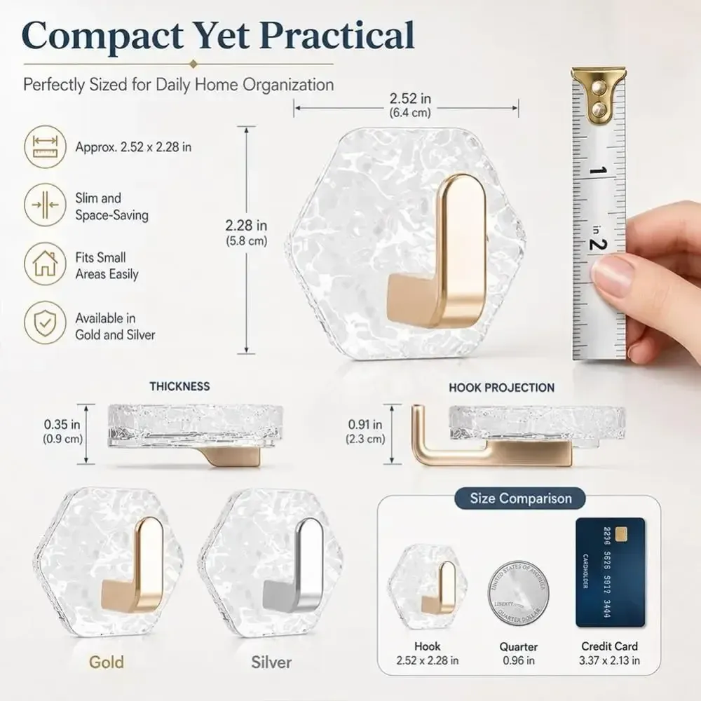 20Pcs Hexagonal Shape Self Adhesive Hooks Water Ripple Texture Waterproof Adhesive Hooks Heavy Duty Rustproof No Drill Hooks