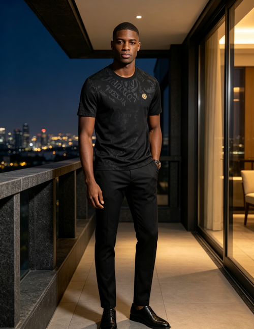 Luxury Men Black Jacquard T‑Shirt with Gold Tiger Emblem