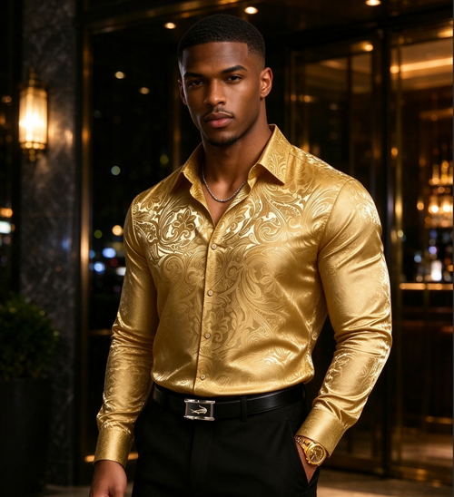 Men Elegant Gold Paisley Satin Shirt