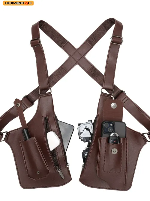 Underarm Anti Theft Bag PU Double Shoulder Strap Multi-Pocket Outdoor Anti-Theft Tactical Fishing Bag Waterproof Men Armpit Bag