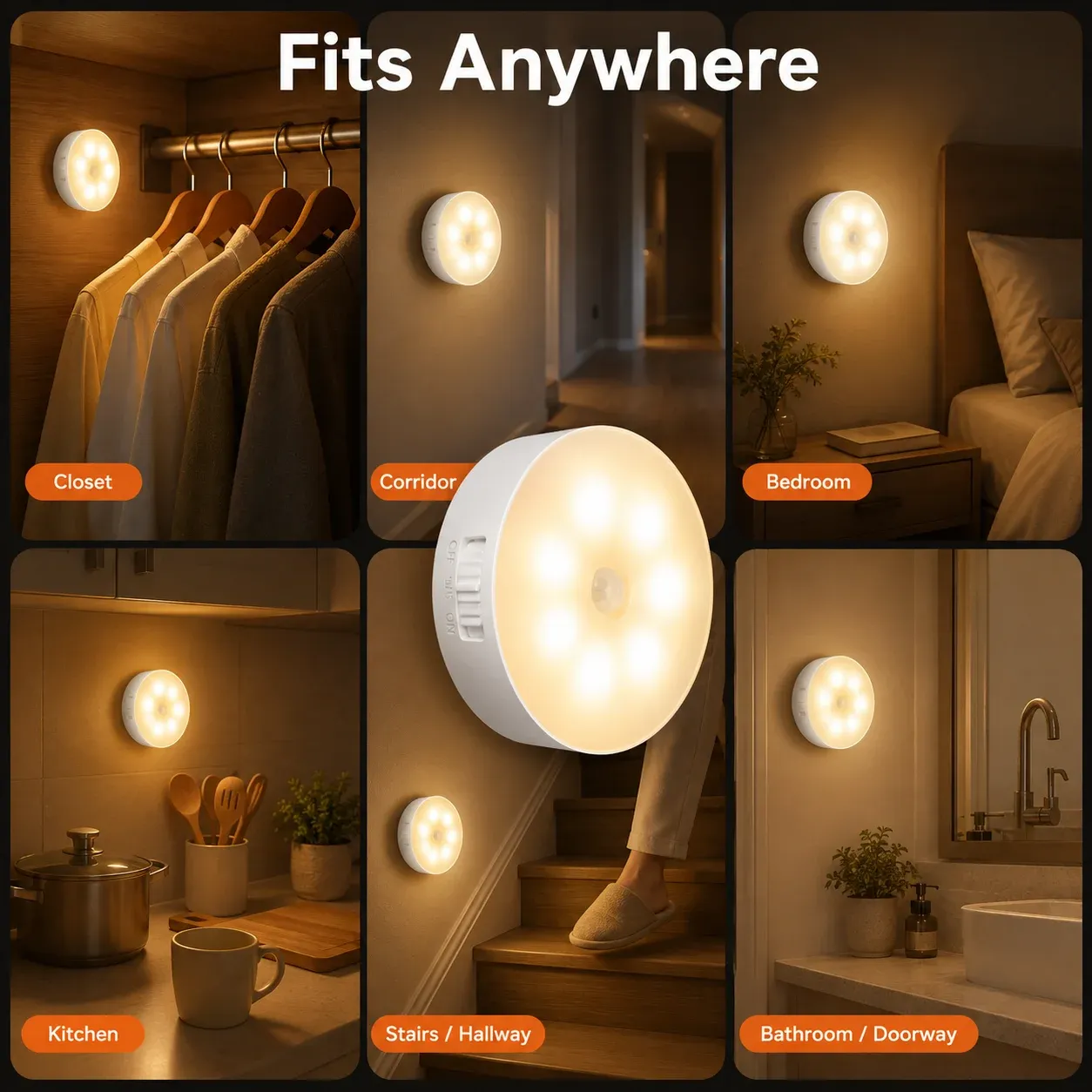 3PCS Rechargeable LED Motion Sensor Light Magnetic Cabinet Night Lamp Wireless Closet Light for Bedroom Kitchen Hallway