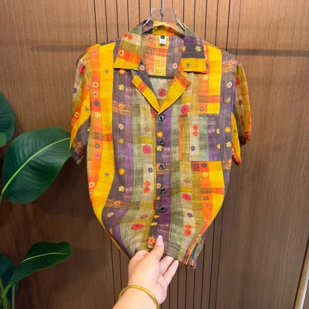 Men's Short-Sleeve Ramie Shirt with Collar