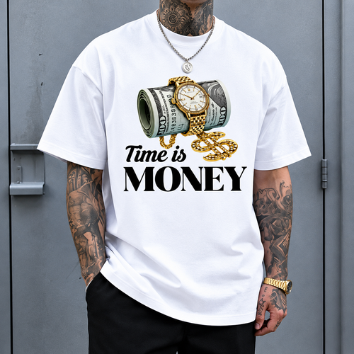 Men's Time is Money Graphic Print Tshirt, Hip Hop Streetwear Style Crew Neck Top, Soft Breathable Fabric for Casual Outfits, Cargo Pants, Joggers