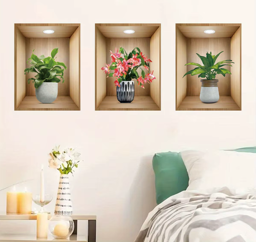 3pcs Watercolor Realistic Potted Flower Plant Wall Stickers Removable for Bedroom Living
