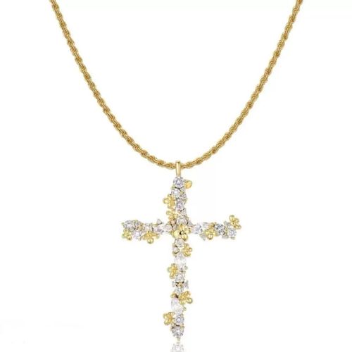 Gold Petal Cross Cubic Zirconia Necklace Twisted Chain