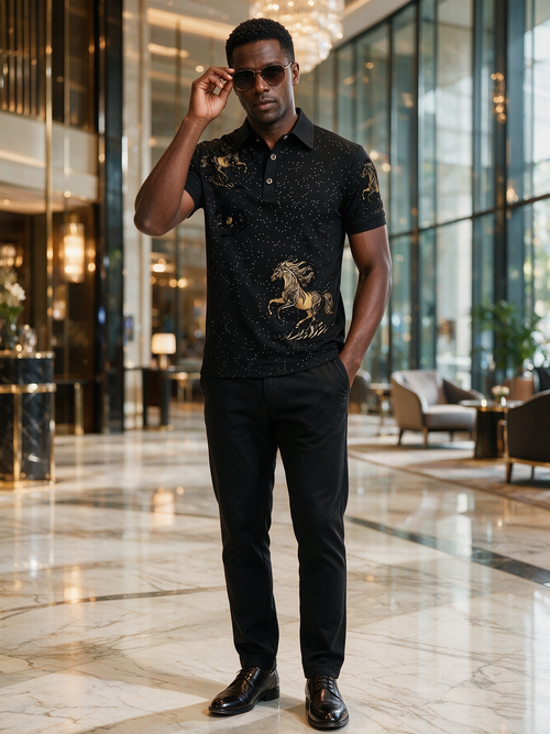 Mature light luxury, black gold business casual T-shirt
