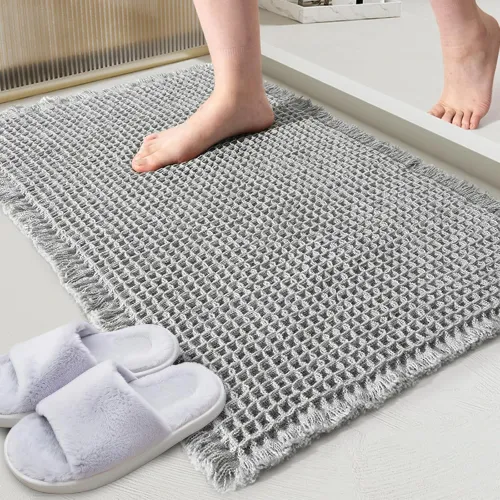 Waffle  Rugs Soft Non Slip Machine Washable Super Absorbent Bath Mats with Tassels for Bathroom Floor Tub Beside Decor