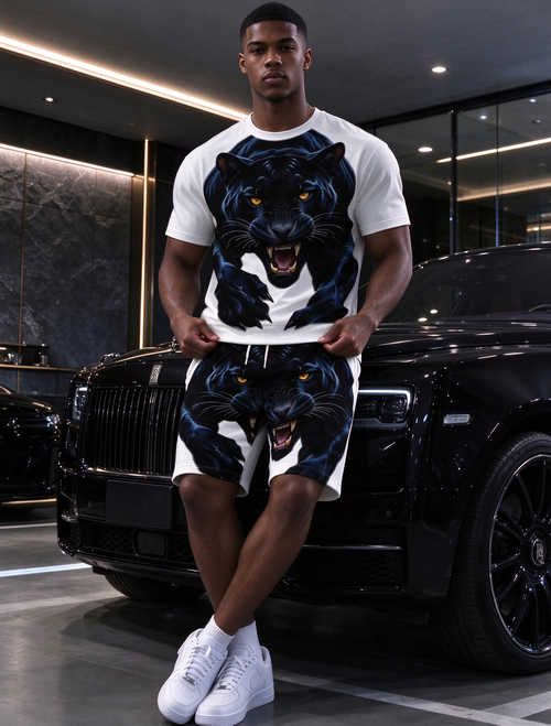 Black Panther Pattern Short Sleeve Shorts Set