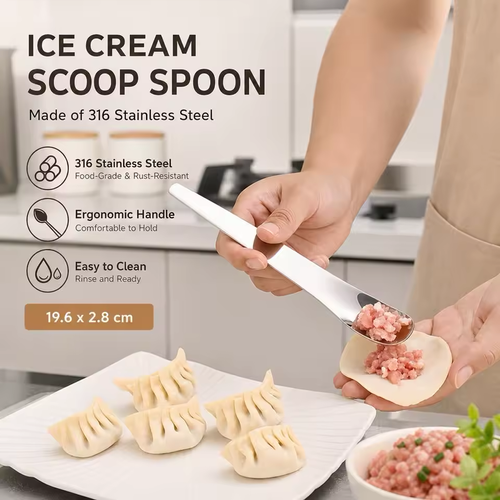 Stainless Steel Long-Handled Dessert Spoon and Dumpling Filling Scoop 19.6cm Mirror Polished Integrated Tableware for Ice