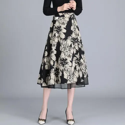 Printed A-Line Midi Skirt One-Piece Tulle Skirt Women's Summer 2025 New High Waist Wide Hem Draping Gauze Skirt