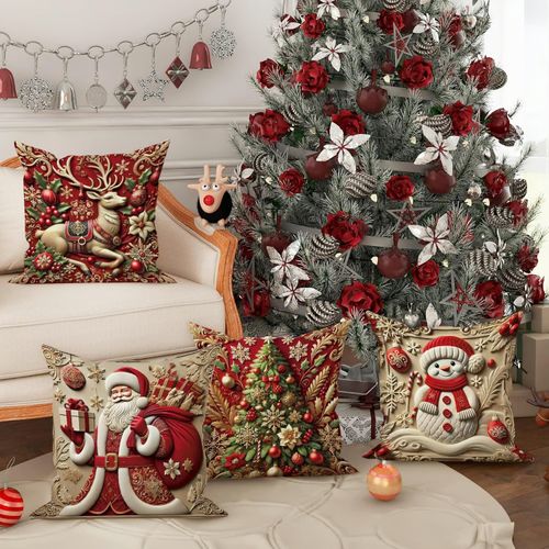 Set of 4 Christmas Themed Cushion Cover – Machine Washable, Wrinkle-Resistant, Durable, Perfect for Living Room, Bedroom, Office & More
