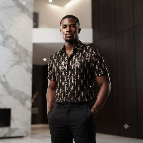 Men's Premium  Light Luxury  Shirt with Wheat-Pattern Rhinestone Embellishment
