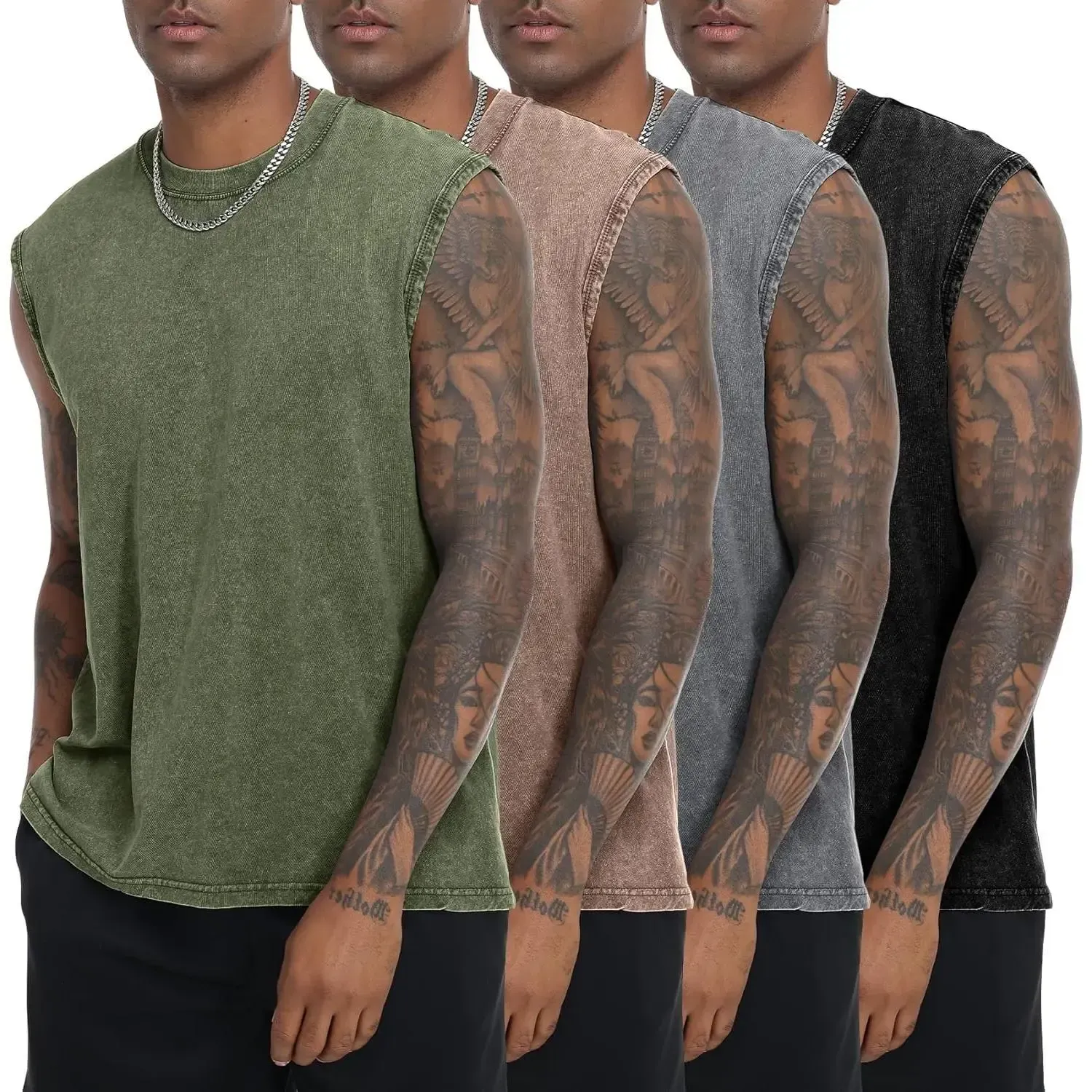Men's Cotton Sleeveless Muscle Tank Tops Vintage Acid Wash Cutoff Loose Workout Tee Shirts Running Men Women Cotton Workout Tank Tops Sleeveless Acid Wash Tshirts Cut Off Muscle Shirts Sweat Classic Jacket Natural Natural Round Neck