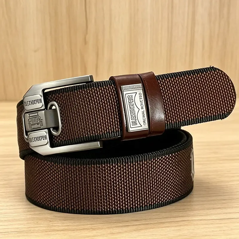 Buckle-Free Men's Belt, Holeless Strap, Large Square Alloy Buckle with Brass Accents, Cotton-PU Leather Strap, Durable Flexible Slip-On, Versatile Fashion Belt, Trendy Holiday Present