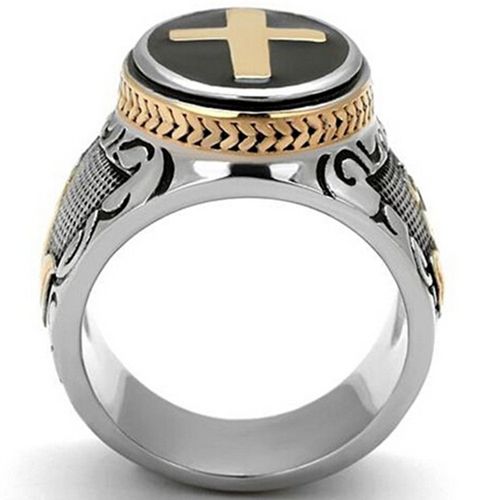 1Pcs Gold Plated Retro Crucifix Ring Stainless Steel Cross Band Ring for Men Vintage Fashion Jewelry Party Gift