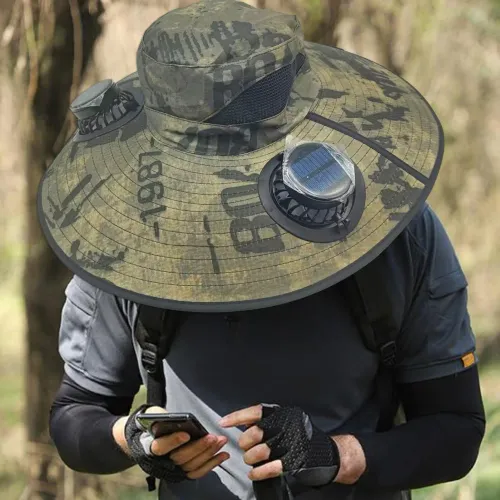 Wide Brim Sun Hat With Solar Fan Sun Bucket Fishing Hats With 2 Solar Fan Breathable Sunhat Support USB Charging For Cycling