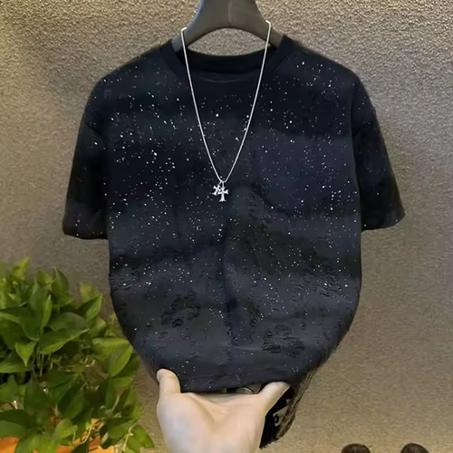 Summer Tear Men Clothing Summer Rhinestone Rivet T-shirt Round Neck Casual T-shirt