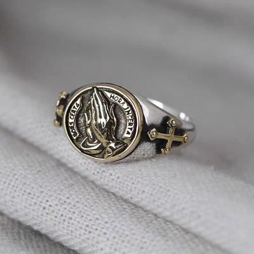 2PCS Men's Ring Personalized Retro Prayer Hand Open Mouth Prayer Creative Ring Fashionable Charm Jewelry Gift