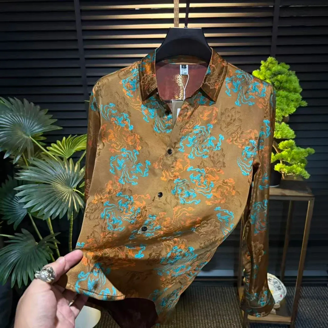Brown long-sleeved shirt with blue-and-white printed pattern