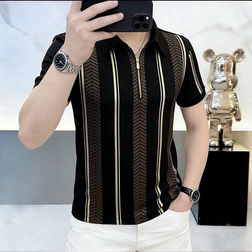 New Men's Black and Gold Striped Short-Sleeve Polo Shirt