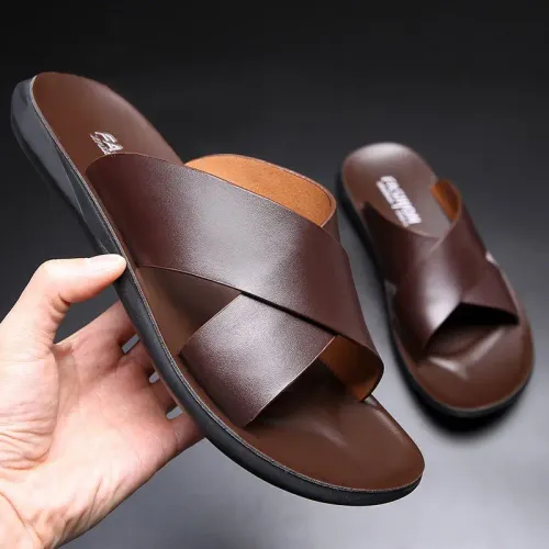 New Men's Slippers Genuine Leather Sandals for Men Casual Non-Slip Beach Shoes Fashion Soft Soled Flip Flops Men Flat Shoes