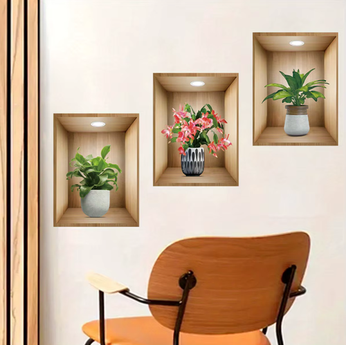 3pcs Watercolor Realistic Potted Flower Plant Wall Stickers Removable for Bedroom Living