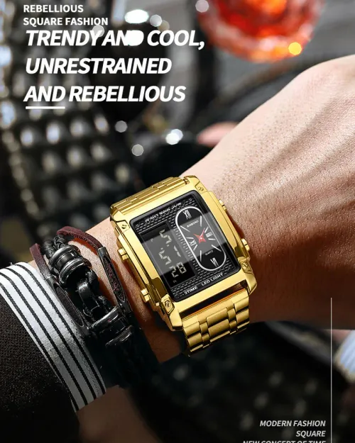 Men Watch Business Brand Square Sports Dual Display Electronic Waterproof Steel Belt Male Fashion Quartz Clock Watches