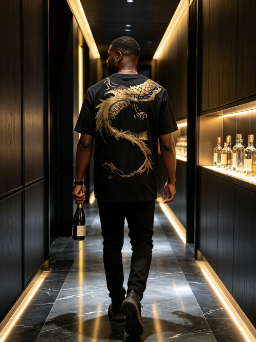 Black gold double-sided dragon pattern, Oriental luxury T-shirt